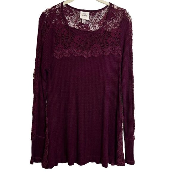 Knox Rose Maroon Thermal Knit Crochet Blouse Medium - Picture 3 of 11